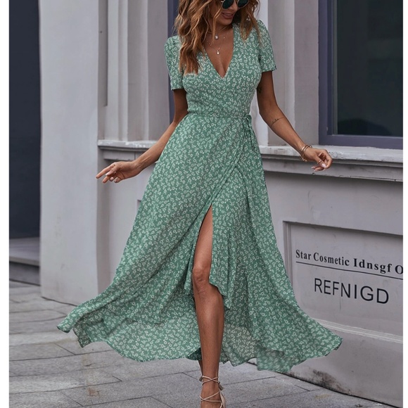 Rouge! Dresses & Skirts - Green Floral Print Wrap Maxi Dress Long Ruffle Hem Short Sleeves Tie Belt